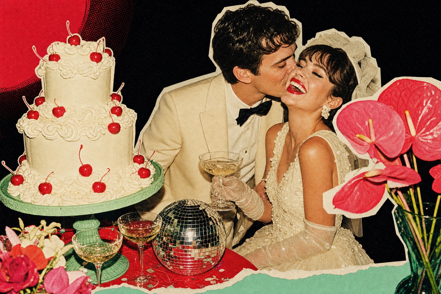La pareja ríe y se besa junto a un pastel de boda con cerezas