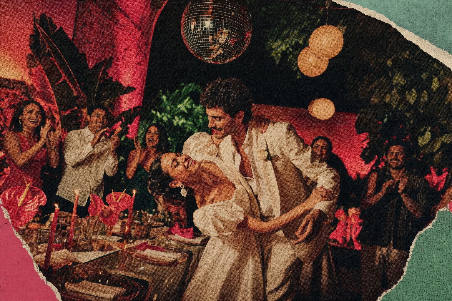 Pareja bailando bajo una bola disco durante una fiesta de jardín