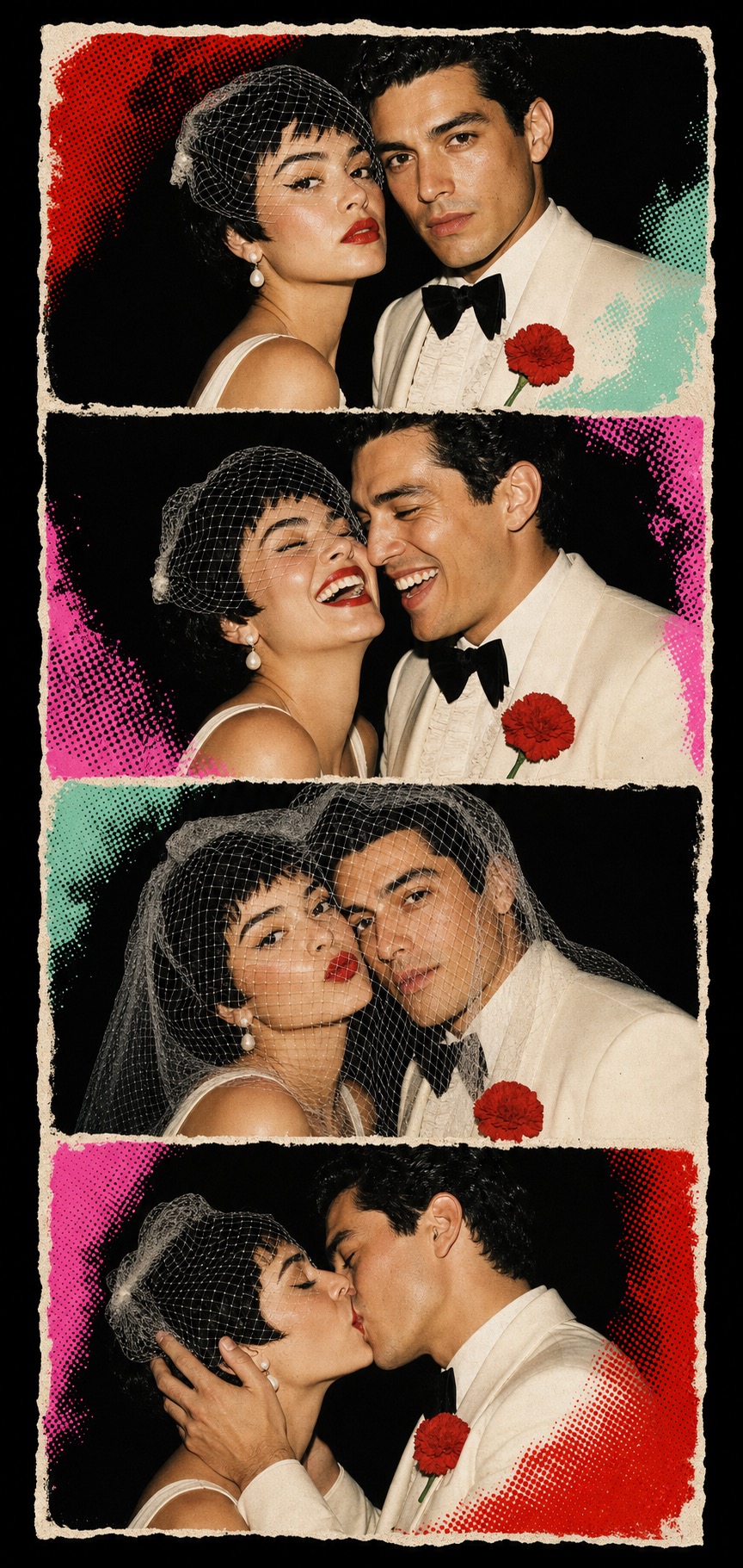 Tira de fotomatón con cuatro retratos espontáneos de la pareja