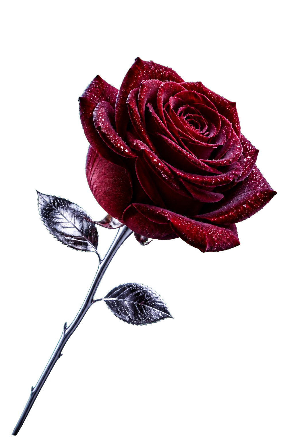 Rosa color vino con tallo y hojas plateadas